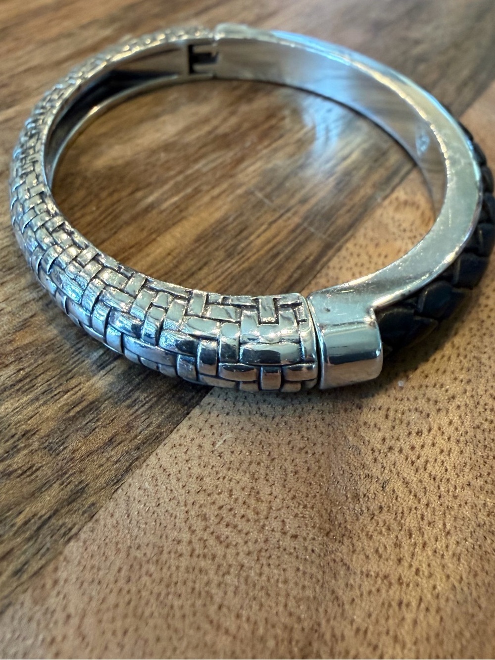 Brighton Talana Black Leather Braided Hinged Bangle Bracelet